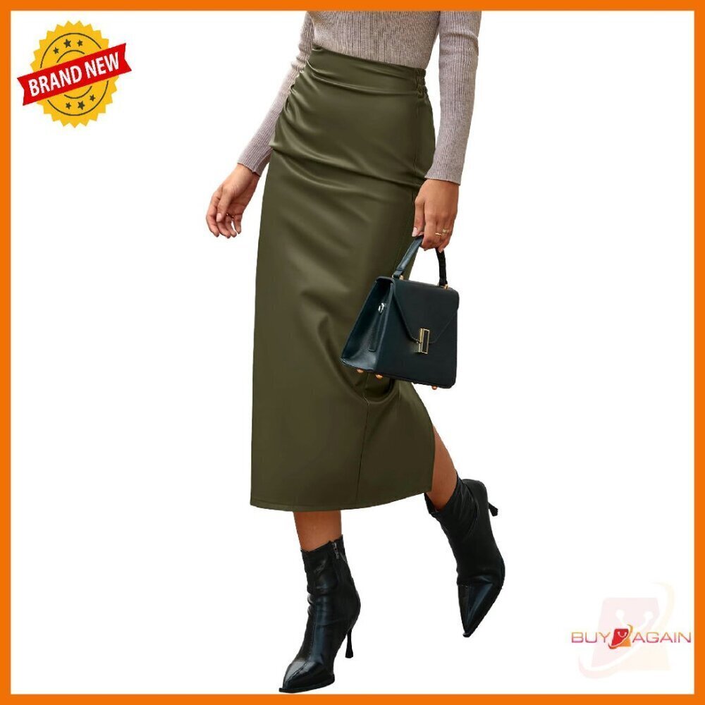 Leather Pencil Skirt High Waisted Bodycon Midi Back Slit Business Casual